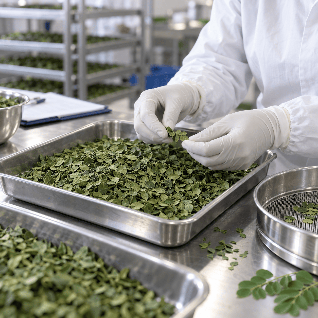 Gloved hands sorting dried moringa leaves on stainless-steel trays