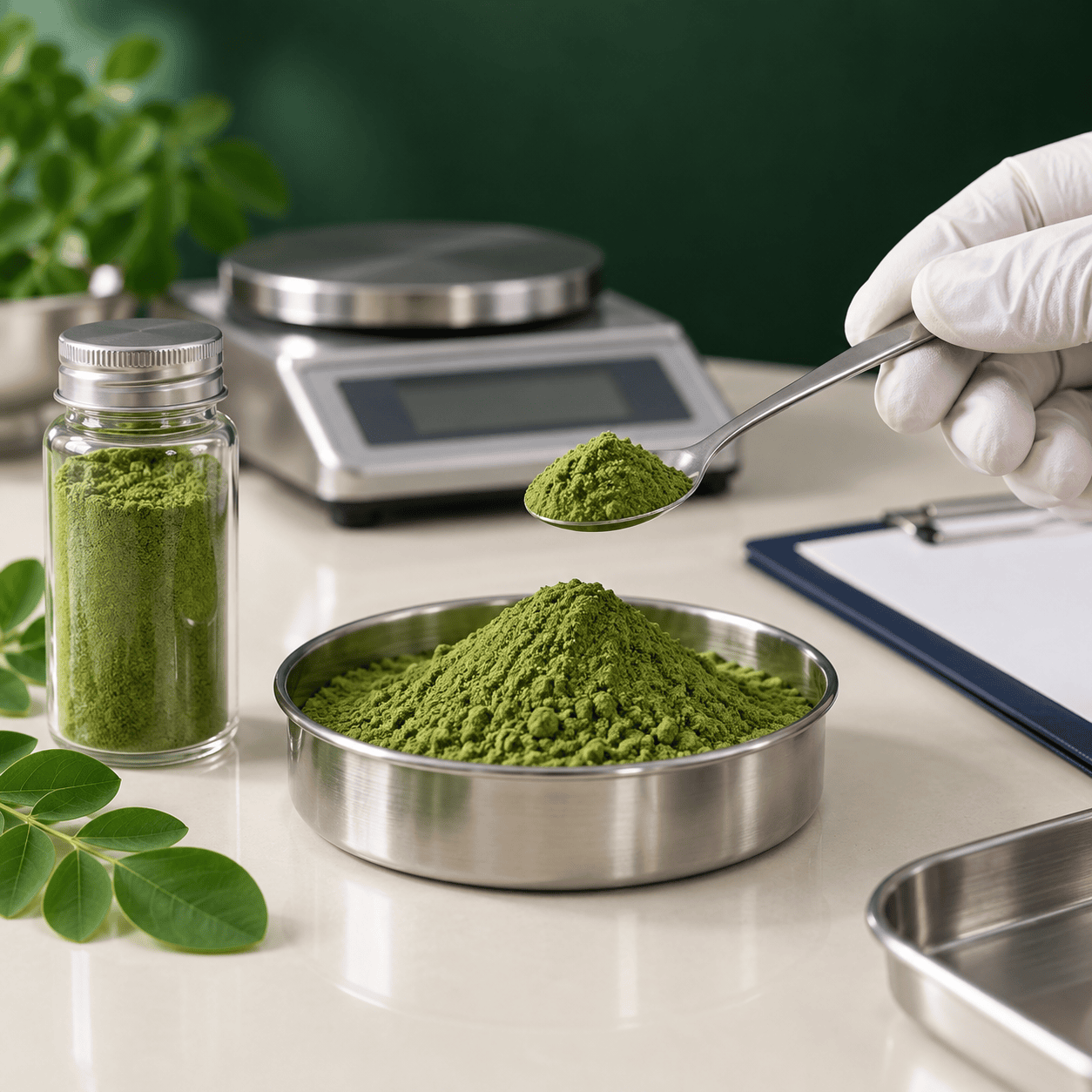 Moringa powder sample reviewed beside a sample jar and laboratory balance