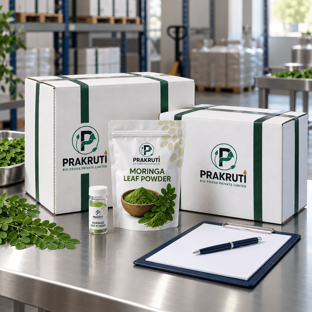 Prakruti branded moringa pouch, sample vial and white export cartons with green straps